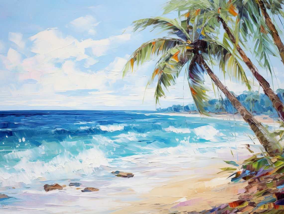 Tropical Palm Beach Paradise Turquoise Waves Sunny Shore Oil Print