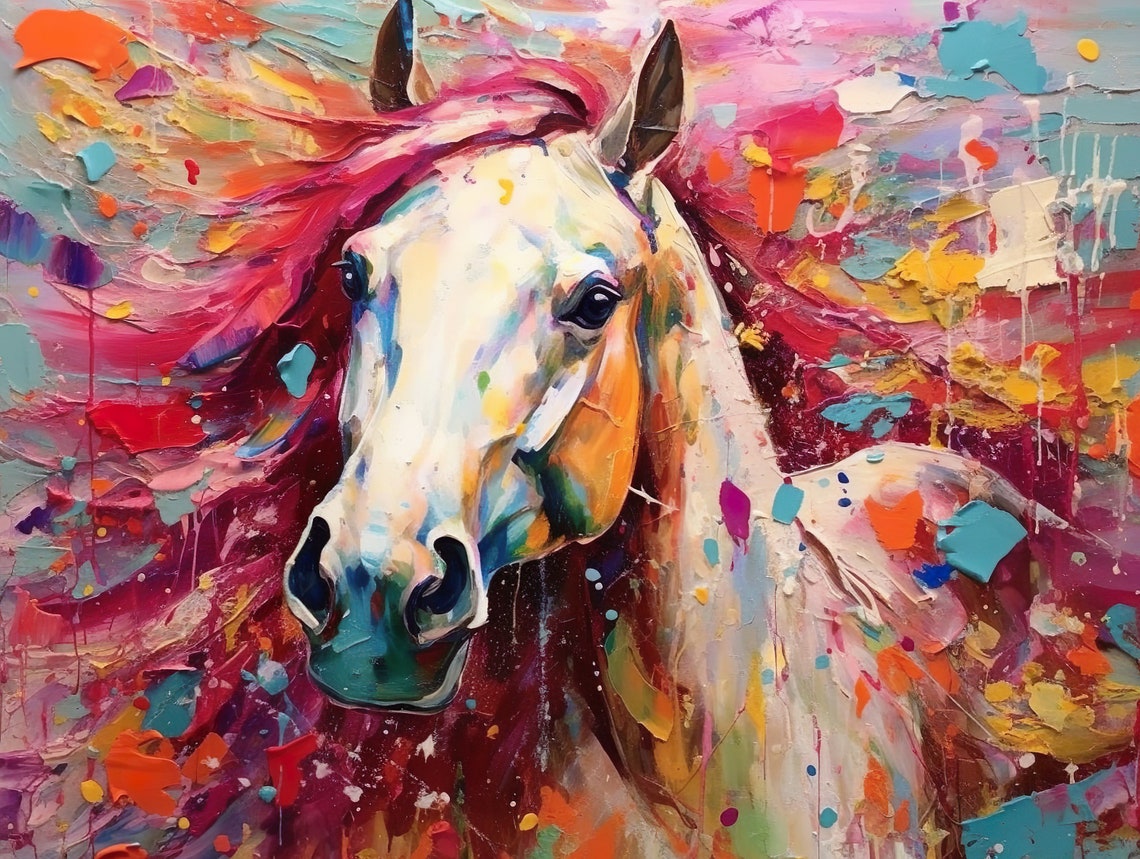 Abstract White Horse With Colorful Mane Palette Knife Poster