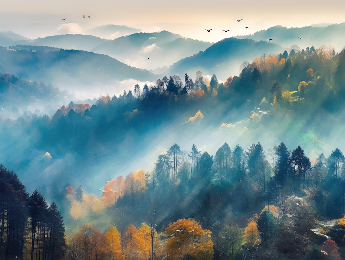 Dreamy Cloud Forest Wall Art Print, Black Oil