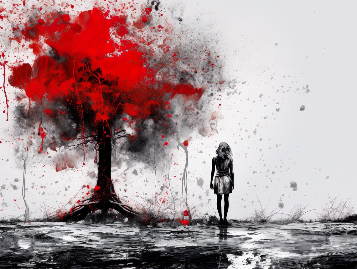 Woman Before Red Splatter Tree Emotional Abstract Black White Art Poster