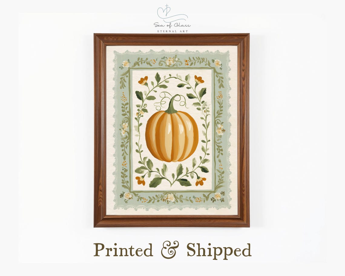Folk Art Pumpkin Botanical Vines Sage Green Fall Decor Poster