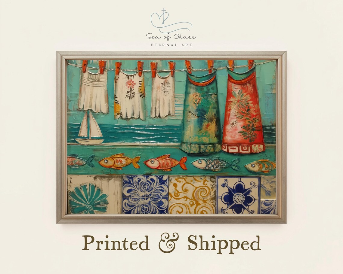 Mediterranean Laundry Room Art Coastal Folk Fish Print