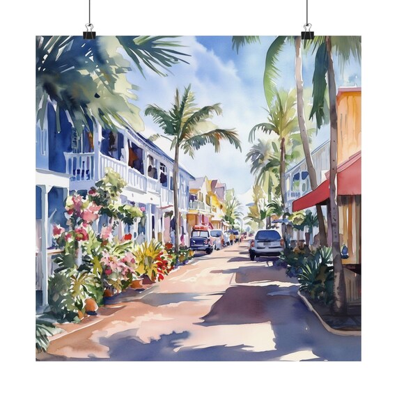 Lahaina Maui Palm Lined Street Watercolor Hawaii Travel Poster