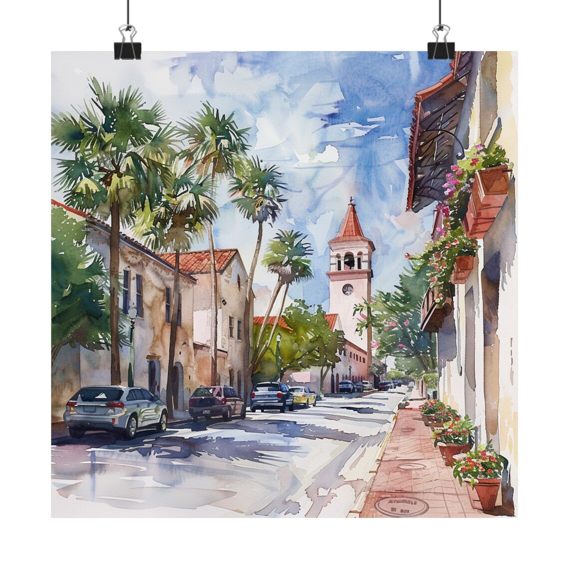 St Augustine Watercolor Travel Poster, Colonial Streetscape