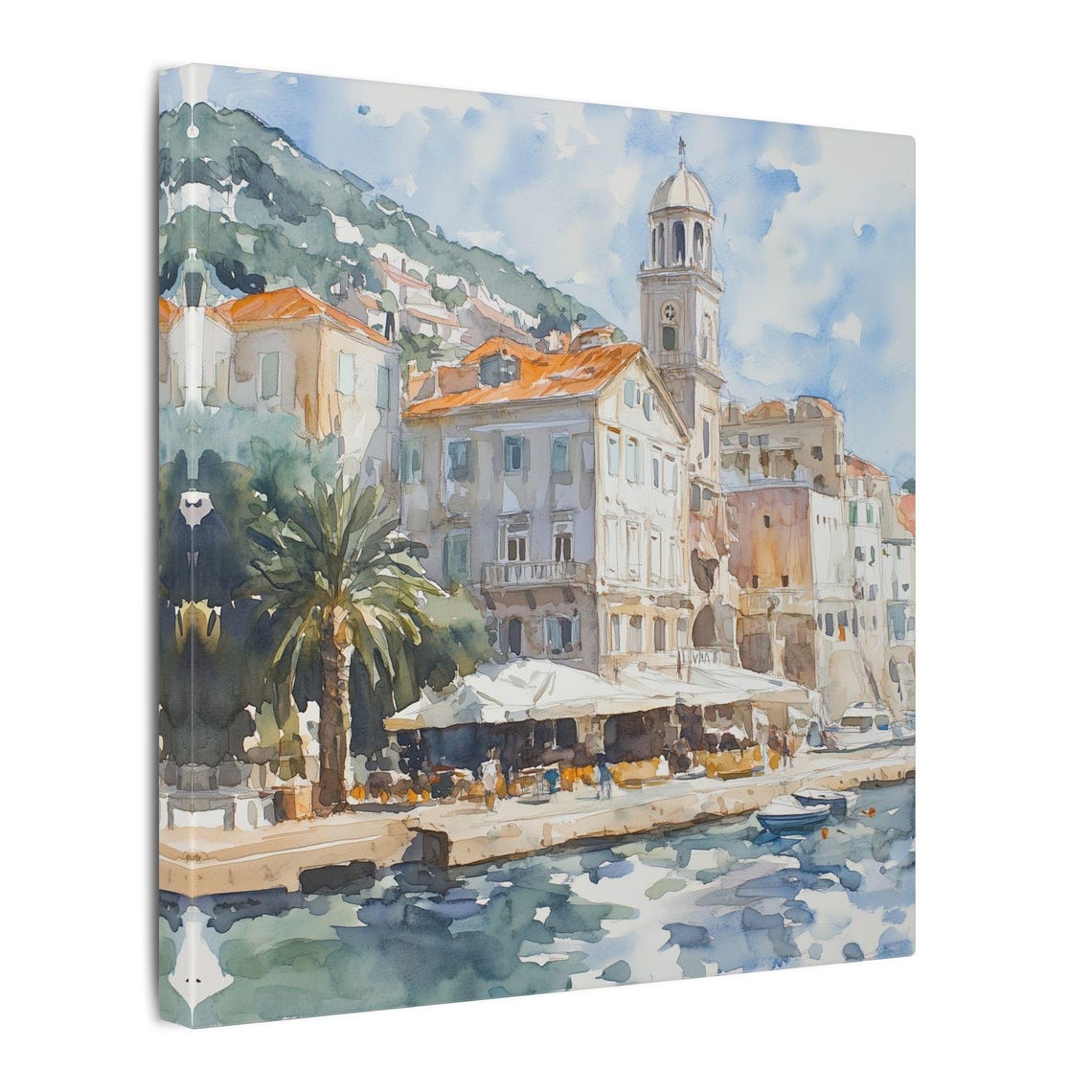 Split Croatia Waterfront Bell Tower Harbor Watercolor Poster