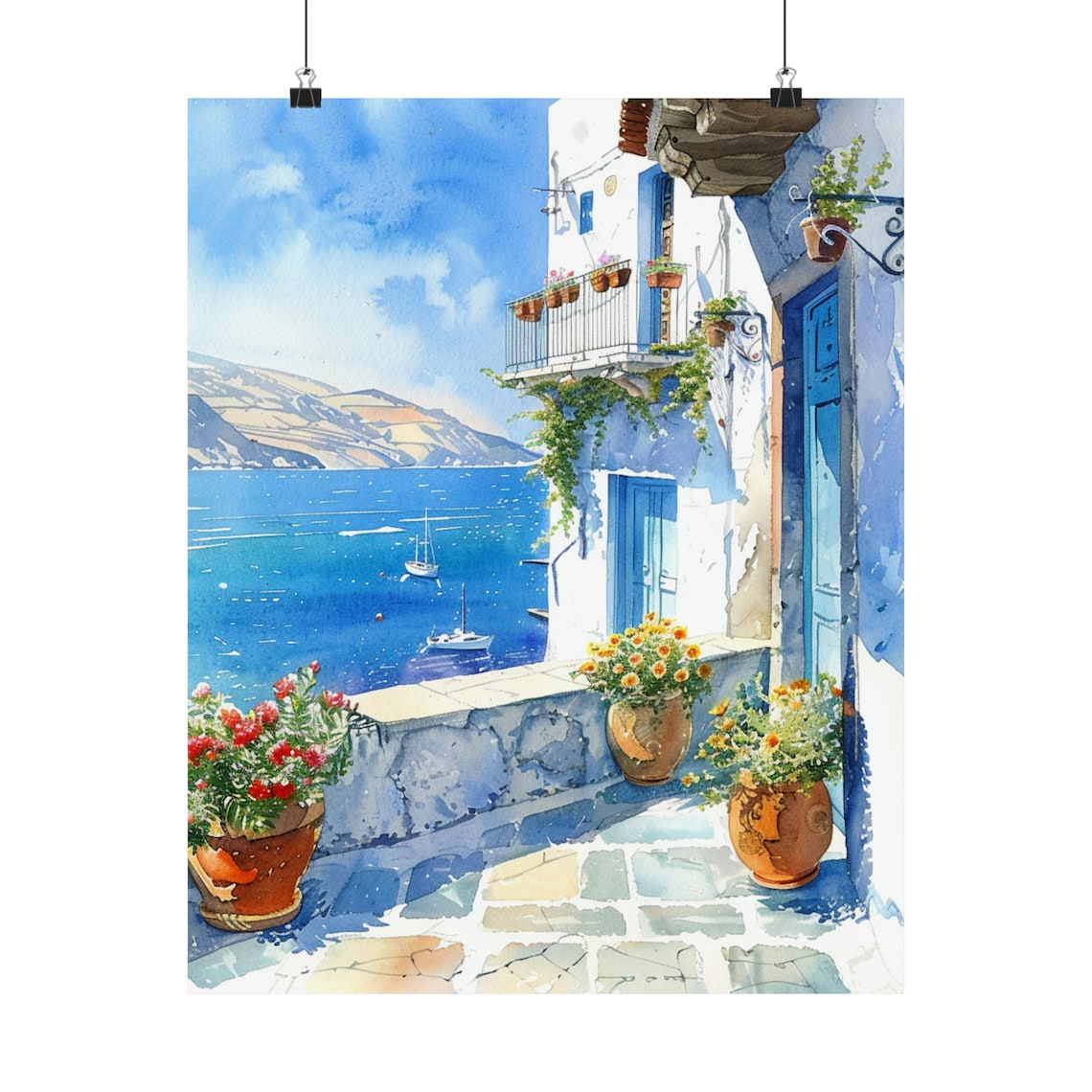 Greek Coastal Terrace Aegean Sea View Blue Door Watercolor Poster