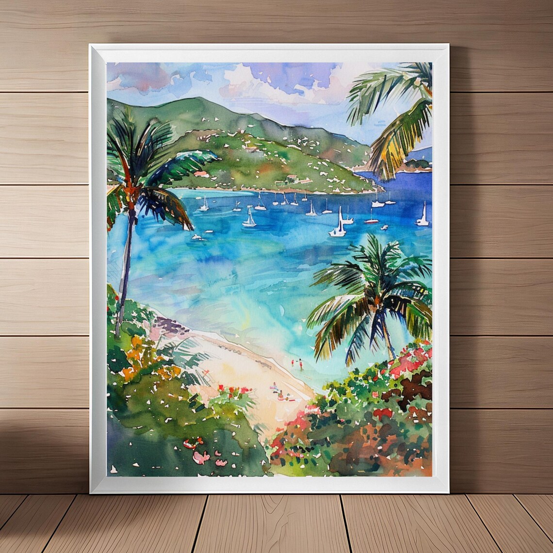 St John Watercolor Palm Trees Seascape Art Print