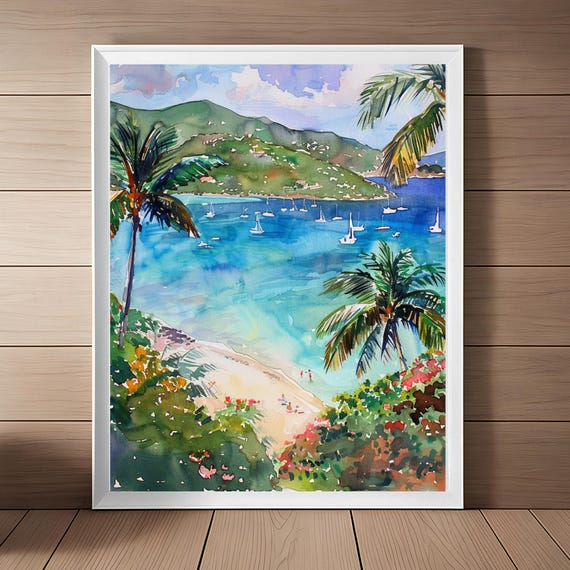 St John Watercolor Palm Trees Seascape Art Print