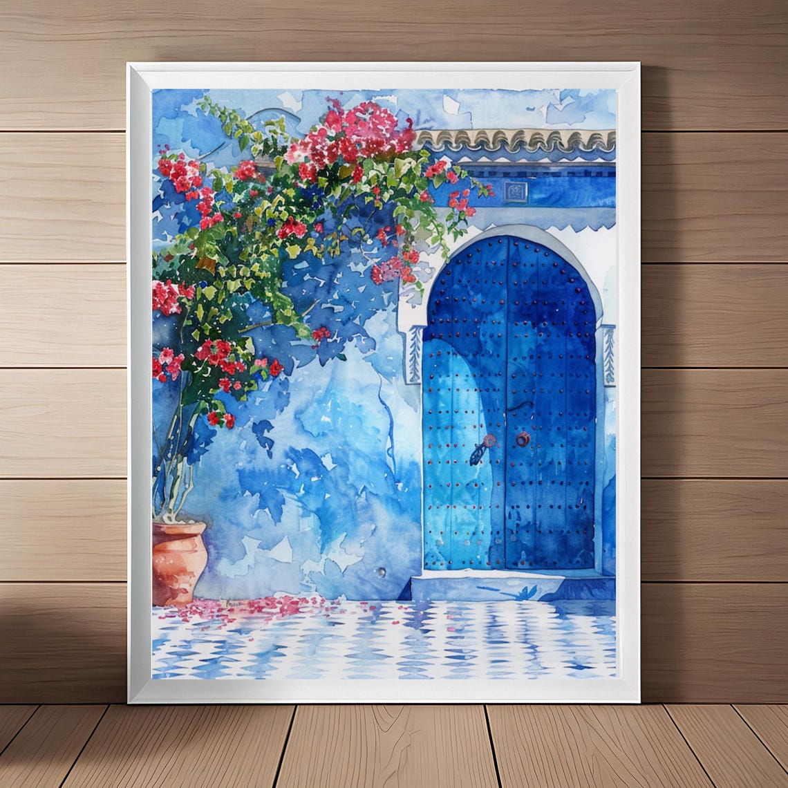 Blue Moroccan Door Bougainvillea Watercolor Courtyard Poster