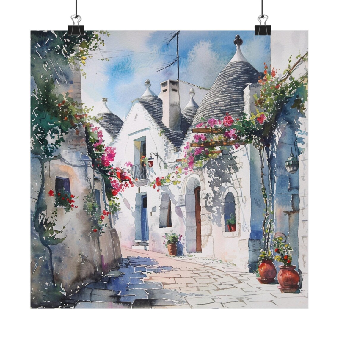 Alberobello Italy Travel Poster, Watercolor Streetscape