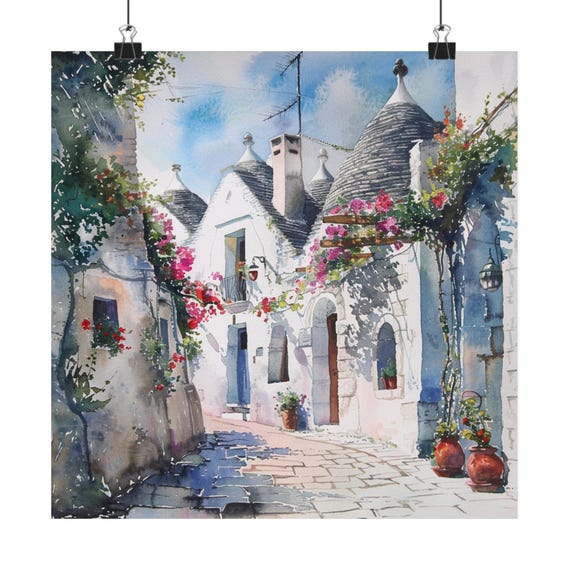 Alberobello Italy Travel Poster, Watercolor Streetscape
