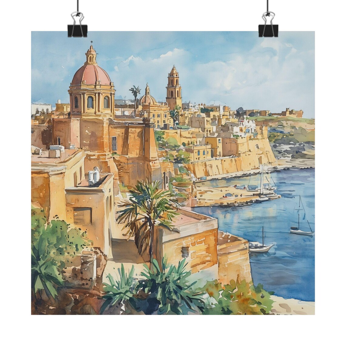 Malta Cityscape Watercolor Travel Poster, Europe