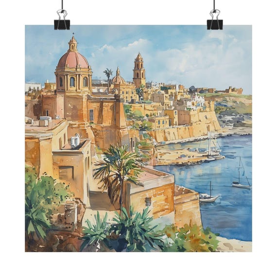 Malta Cityscape Watercolor Travel Poster, Europe