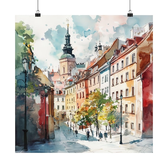 Warsaw Poland Old Town Street Spring Watercolor Painting Poster