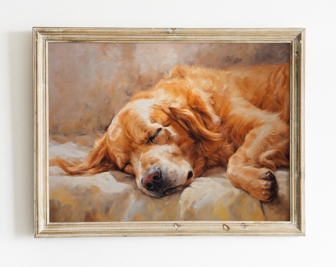 Sleeping Golden Retriever Dog Cozy Oil Painting Pet Lover Decor Poster