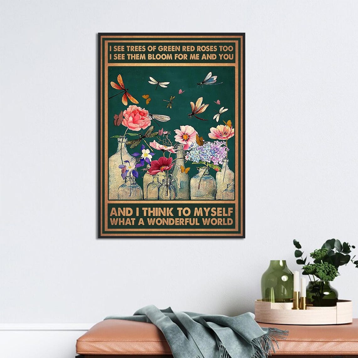 What A Wonderful World Dragonfly Flower Botanical Vintage Poster - Image 2