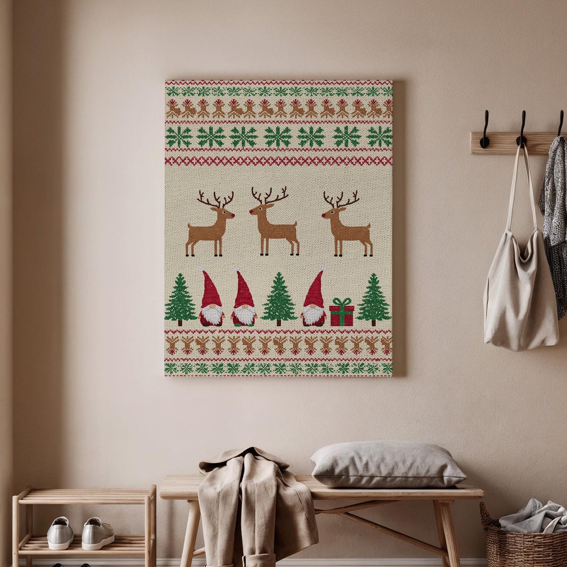 Nordic Christmas Sweater Knit Reindeer Gnome Holiday Pattern Poster