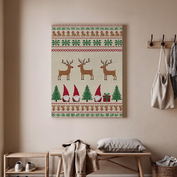 Nordic Christmas Sweater Knit Reindeer Gnome Holiday Pattern Poster