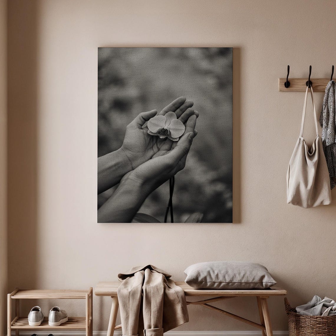 Black White Orchid Hands Holding Flower Monochrome Photo Print
