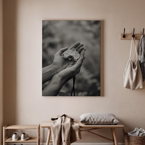 Black White Orchid Hands Holding Flower Monochrome Photo Print