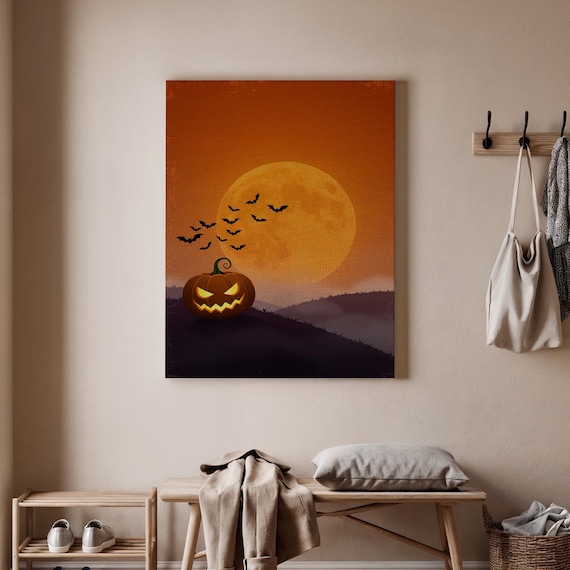 Halloween Pumpkin Moon Canvas Art Spooky Jackolantern Under Full Flying Bat Wall Decor Haunted Night Print