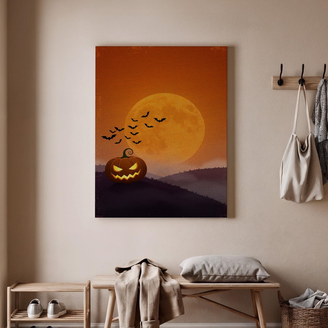 Jack-O-Lantern on Hill Under Giant Orange Moon Bats Halloween Poster
