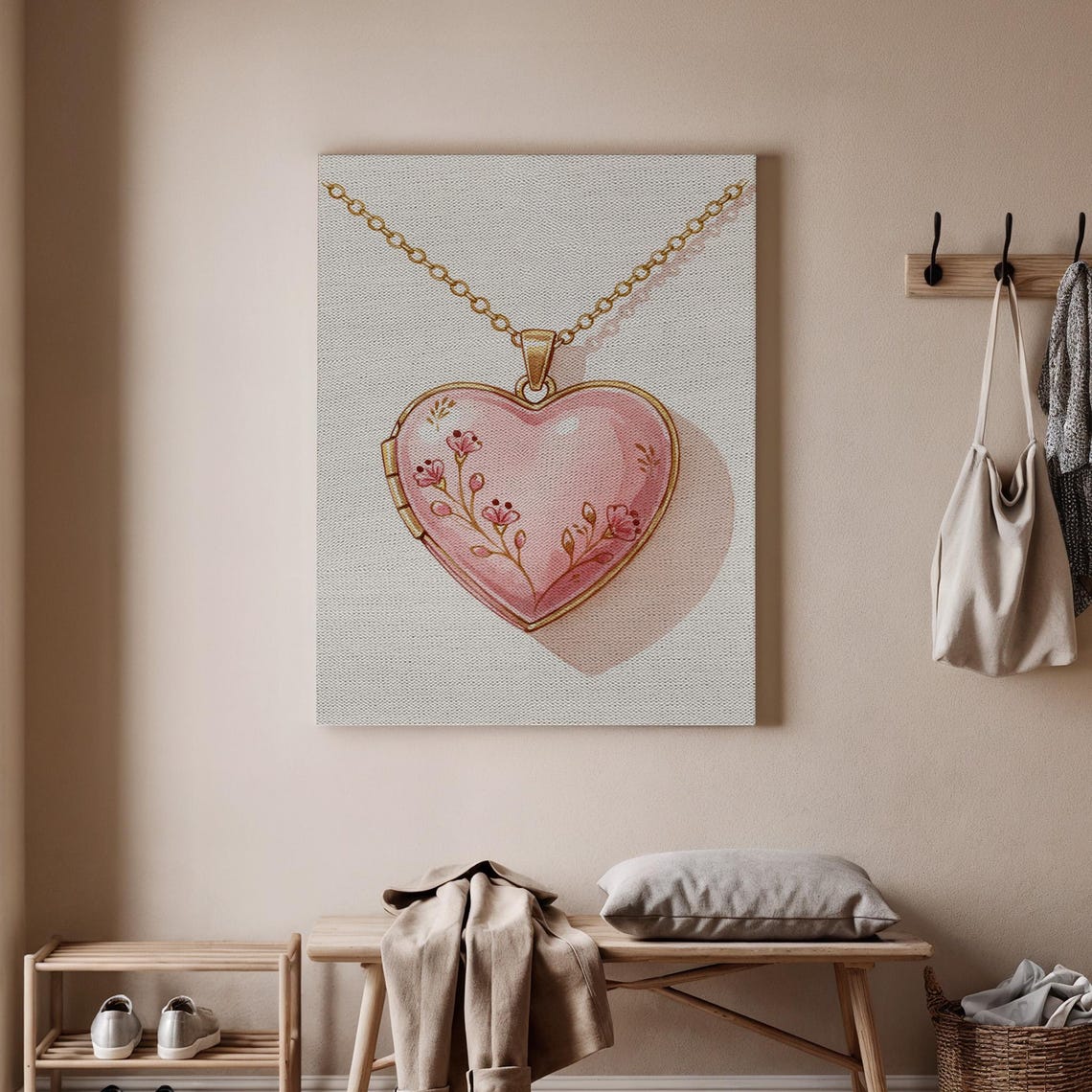 Romantic Heart Locket Gold Necklace Pink Floral Gift Art Poster