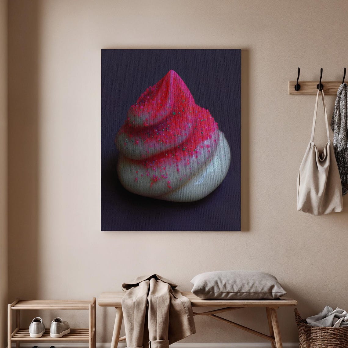 Pink Meringue Swirl Dessert Art on Dark Navy Background Poster