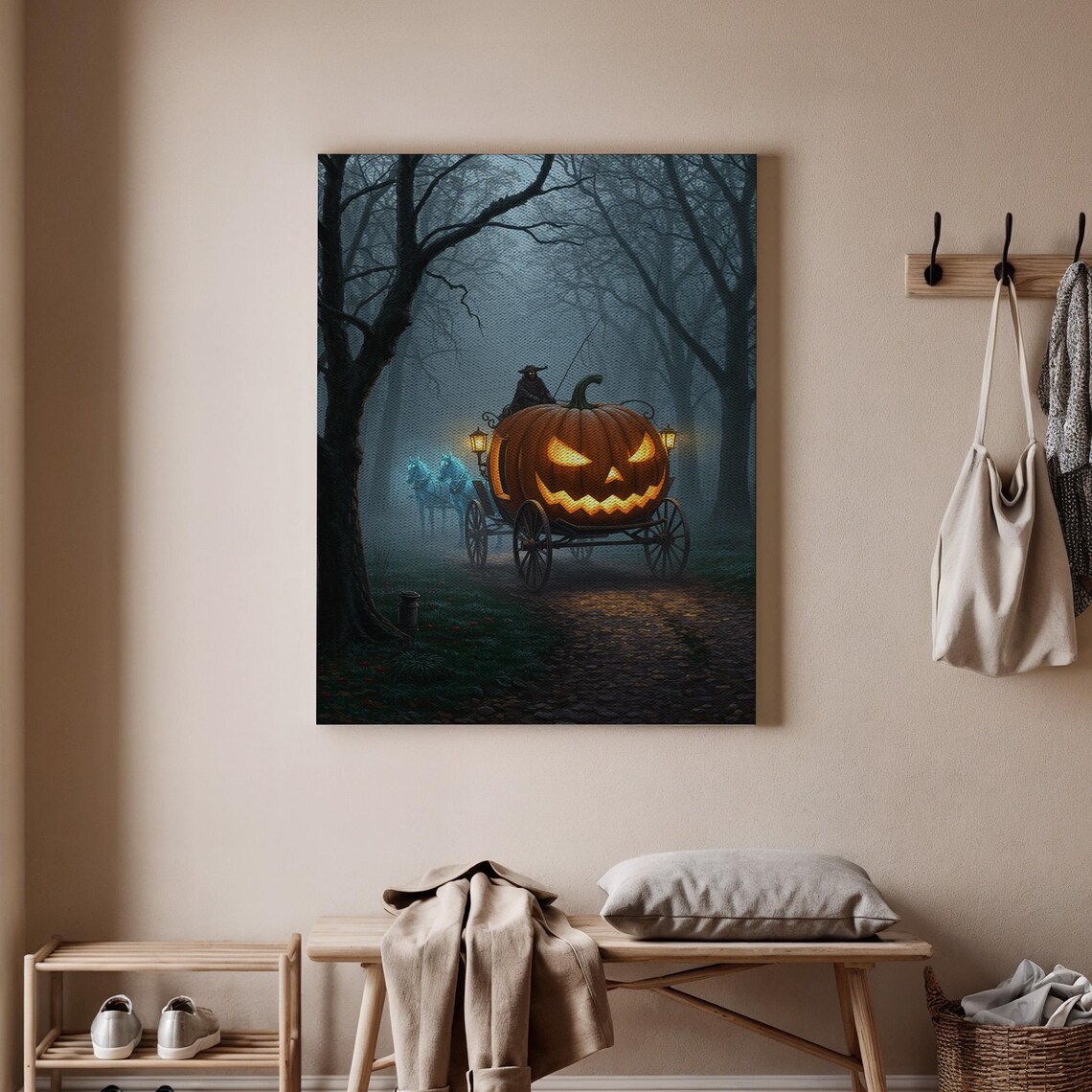 Halloween Pumpkin Carriage Canvas Wall Art Haunted Cart Glowing Jackolantern Spooky Autumn Decor