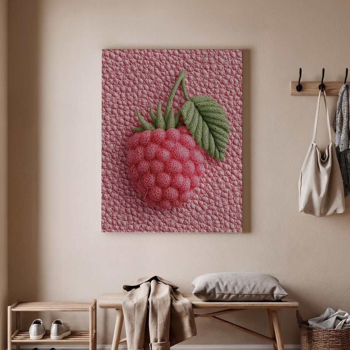 Textured Raspberry Illustration On Pink Knit Background Wall Art