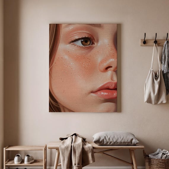 Realistic Girl Portrait Closeup Facial Art Female Face Artwork Hyperrealistic Painting Soft Colors Modern Wall Decor