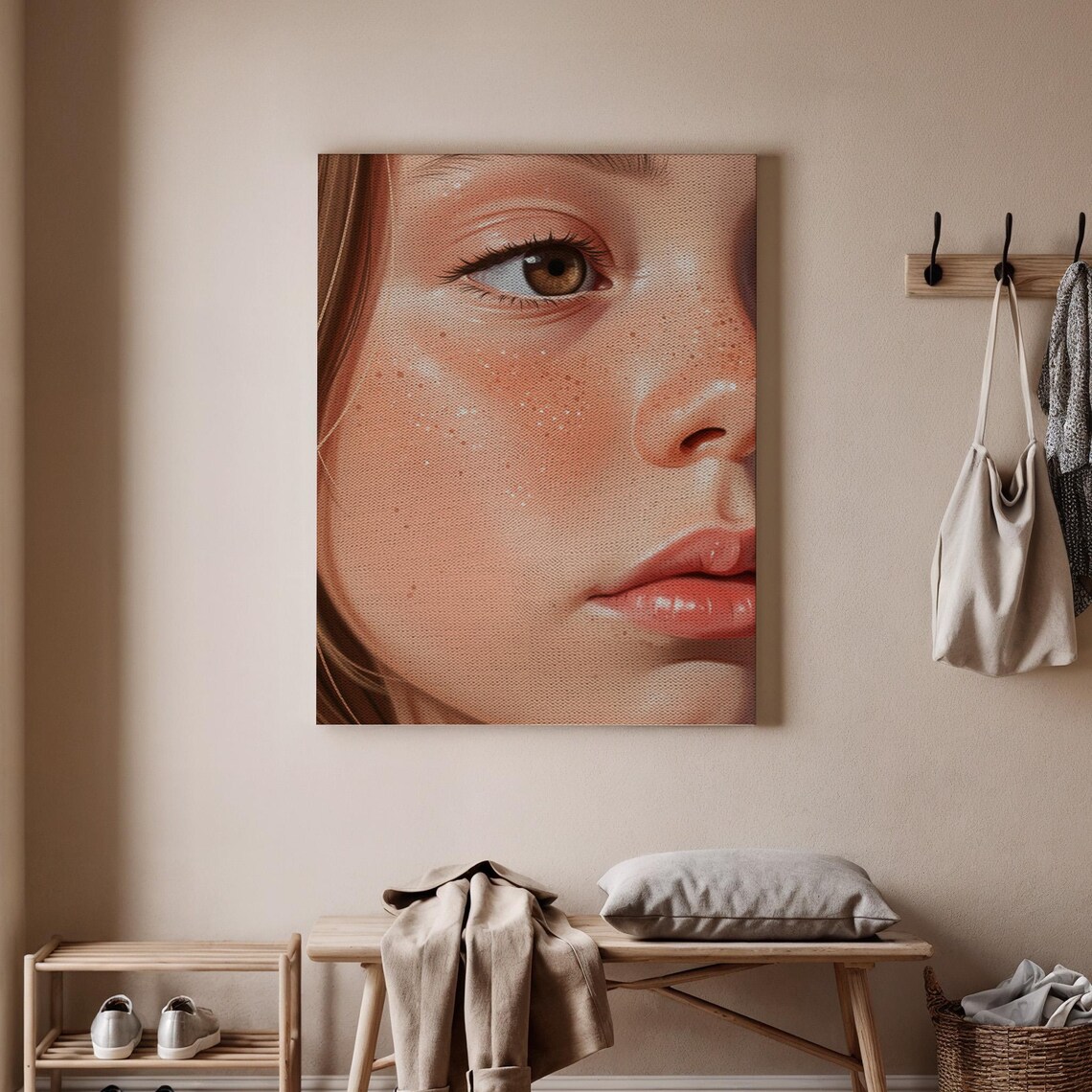 Realistic Girl Portrait Close Up With Freckles Canvas Wall Art