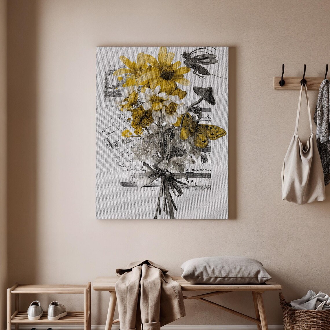 Framed Canvas Art Vintage Botanical Bouquet With Yellow Flowers Butterflies Elegant Home Decor Flower