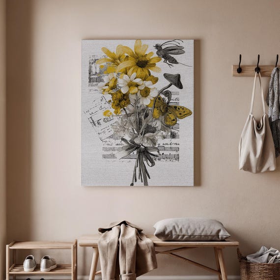 Framed Canvas Art Vintage Botanical Bouquet With Yellow Flowers Butterflies Elegant Home Decor Flower