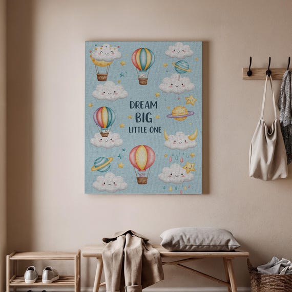 Dream Big Little One Canvas Wall Art Hot Air Balloon And Cloud Nursery Print Kids Room Inspirational Artwork Baby Shower Gift Decor