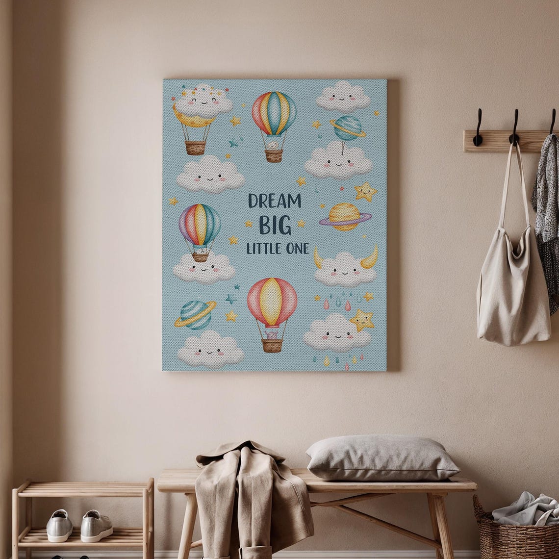Dream Big Little One Smiling Clouds Hot Air Balloon Nursery Poster