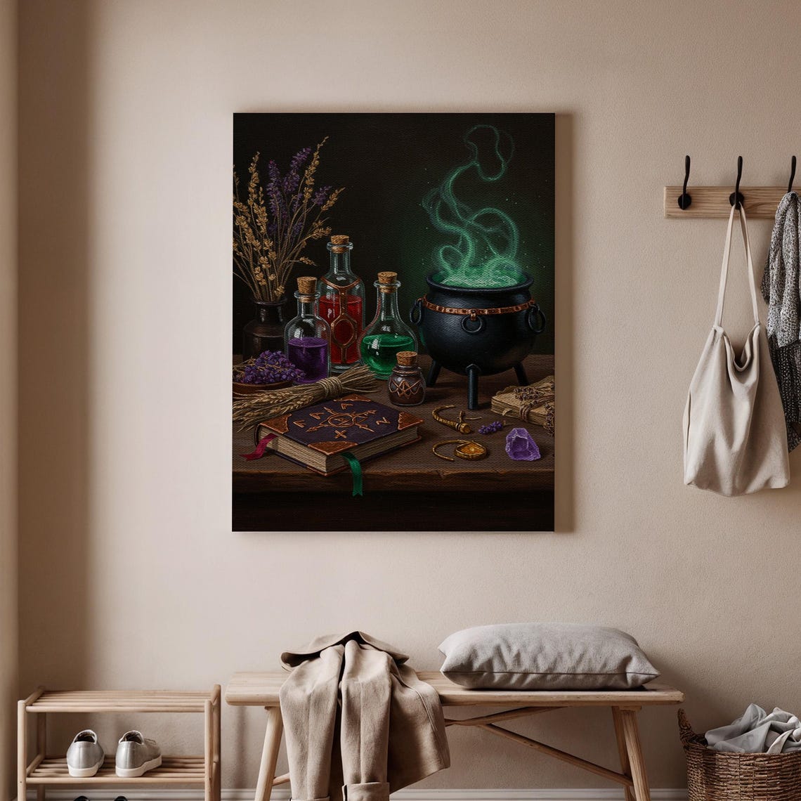 Witchs Cauldron Canvas Wall Art Magical Potion Bottles And Spellbook Decor Halloween Witchcraft Scene Mystical