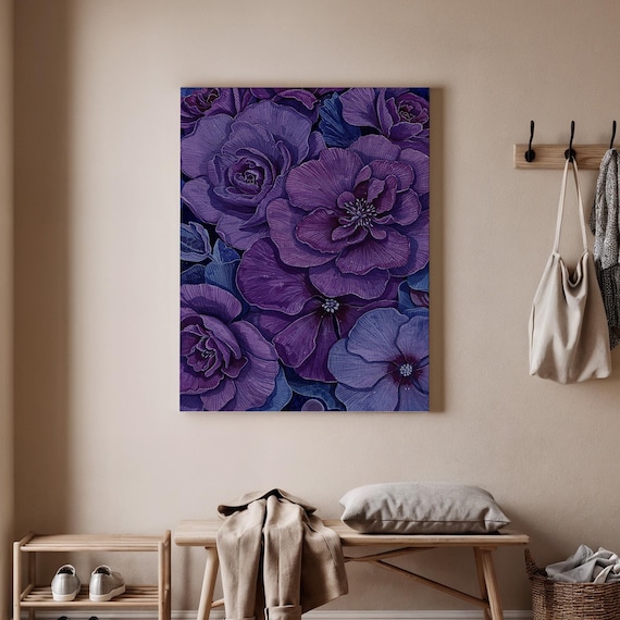 Vibrant Purple Floral Roses Intricate Botanical Pattern Art Poster