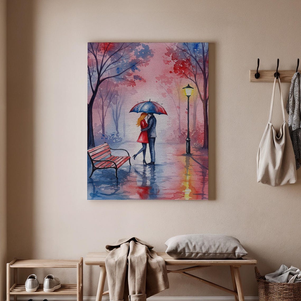 Romantic Couple Under Umbrella in Rainy Pink Street Art Poster