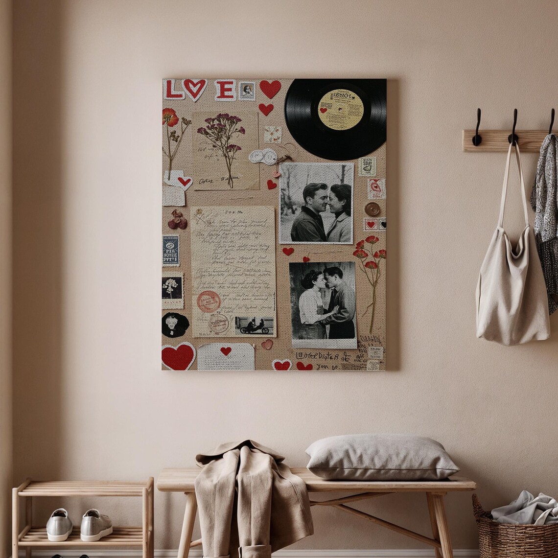 Vintage Love Collage Romance Scrapbook Red Hearts and Photos Poster