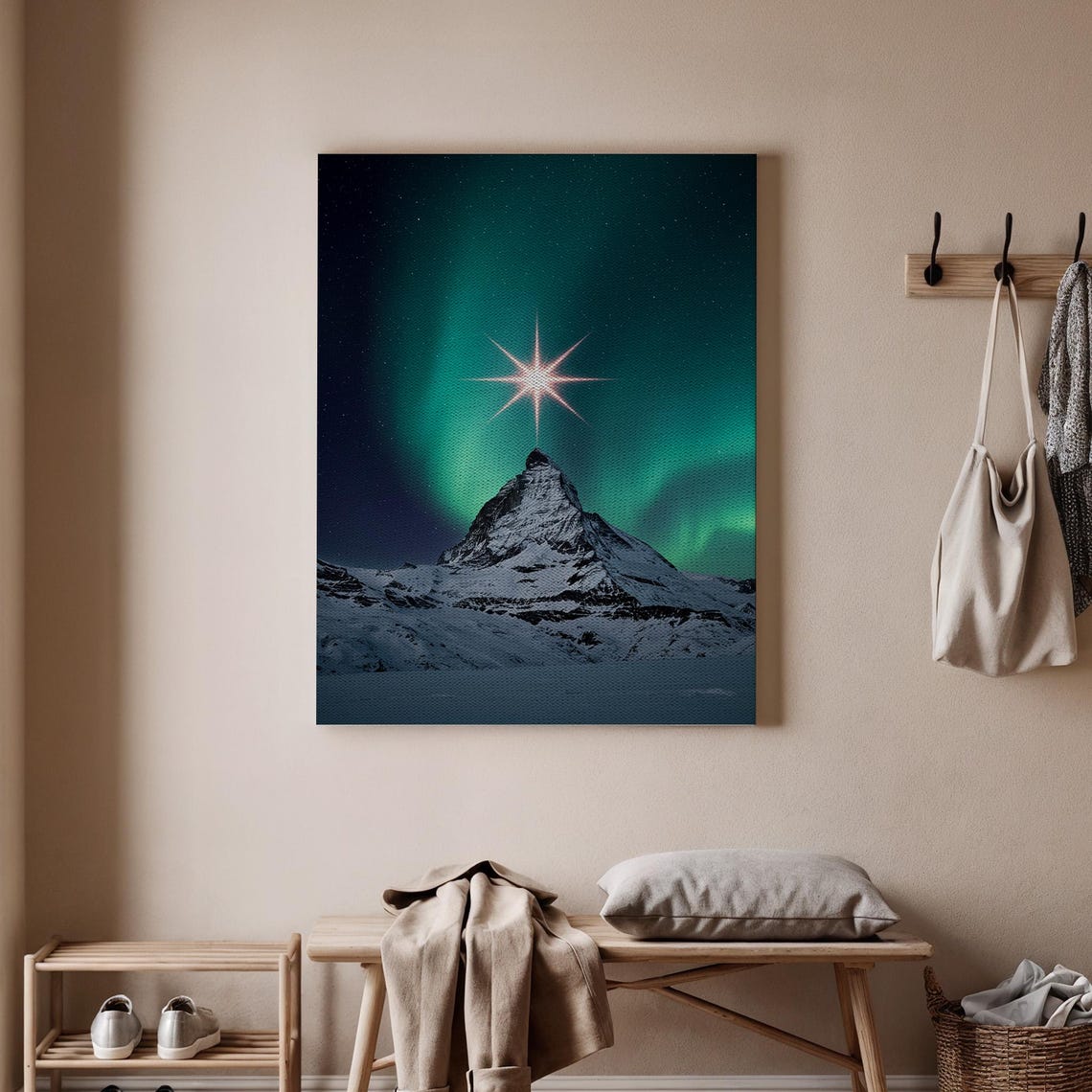 Snow Capped Mountain Peak Under Northern Lights Christmas Star Print