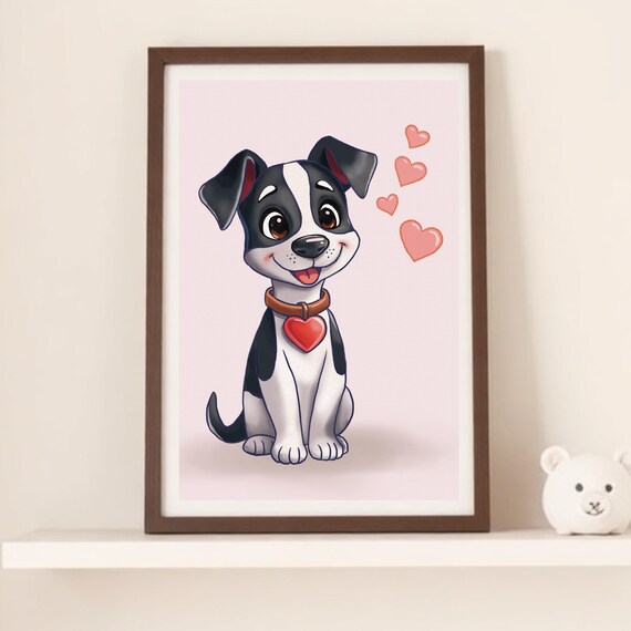 Black and White Puppy With Red Heart Collar Cartoon Love Poster