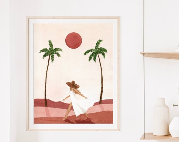 Mirage Sunset Woman Watercolor Art Print, Boho Decor