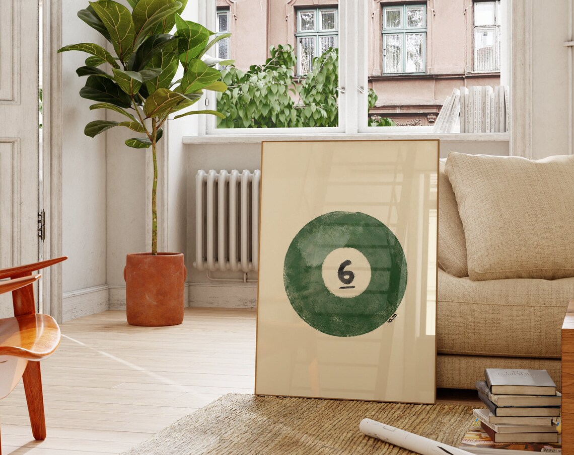 Green Six Ball Pool Billiards Vintage Hand Drawn Retro Game Poster