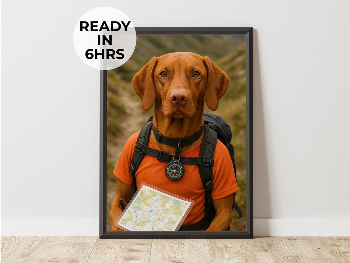Hiker Vizsla Dog With Backpack Compass and Map Adventure Poster