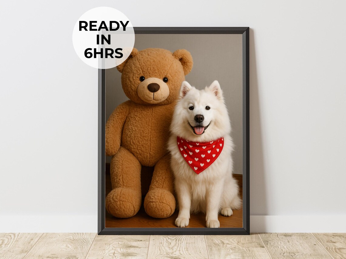 Custom Teddy Bear Pet Portrait Heart Bandana Samoyed Dog Poster