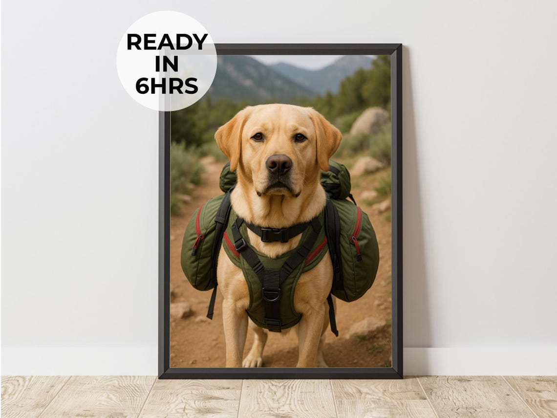 Yellow Labrador with Trail Backpack Custom Pet Portrait Print