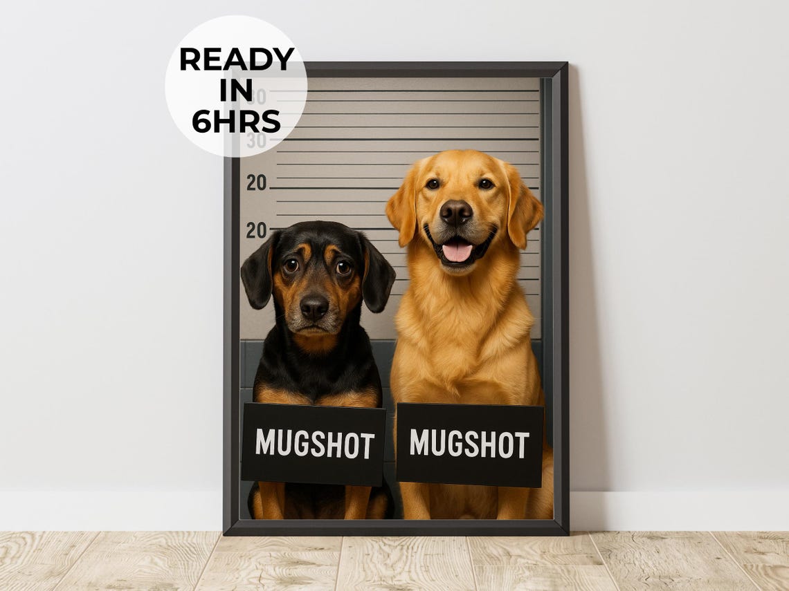 Two Custom Dog Mugshot Police Lineup Funny Pet Portrait Poster