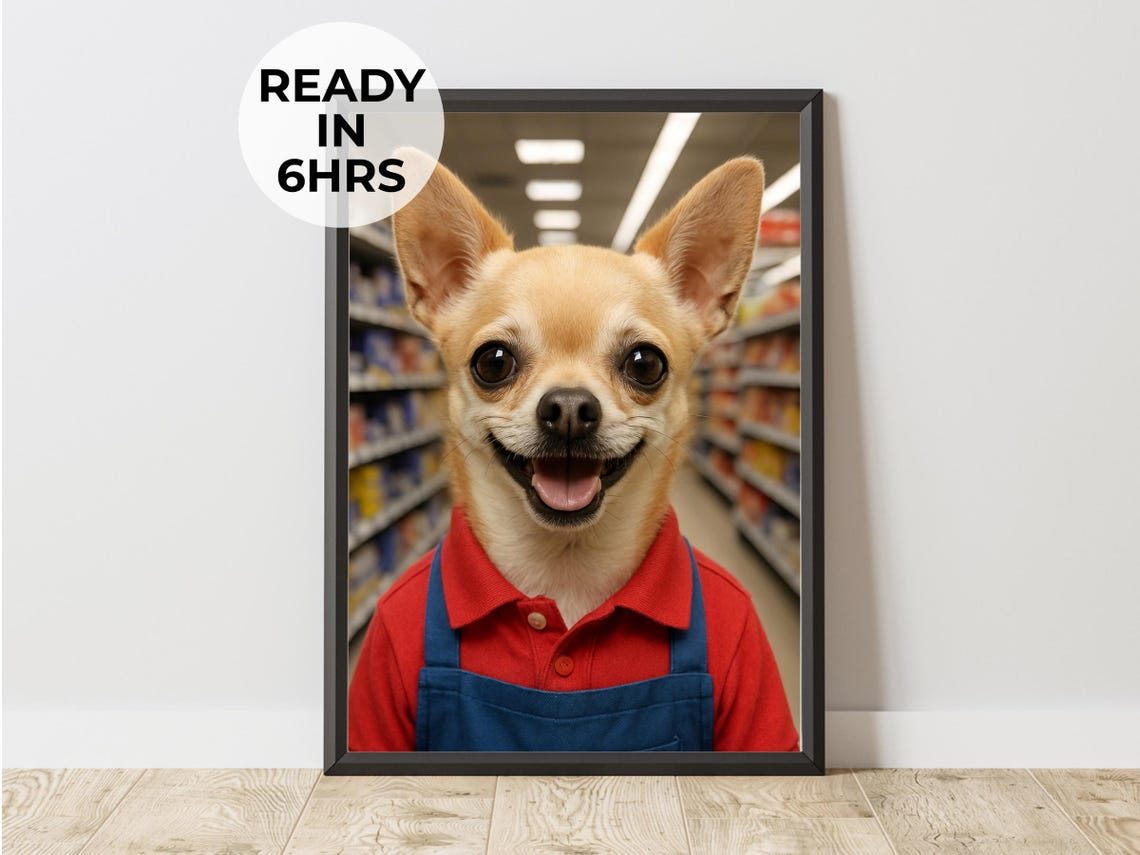 Retail Worker Chihuahua Red Apron Supermarket Funny Dog Pet Poster