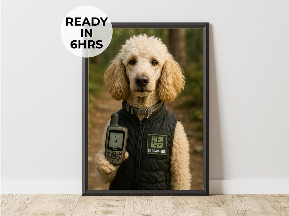 Poodle with GPS Wearing Geocaching Vest Custom Pet Portrait Print